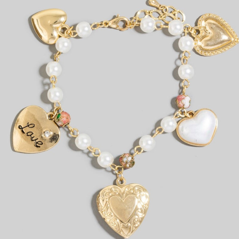 Heart Charms And Locket Pearl Beaded Chain Bracelet