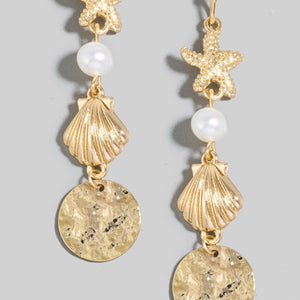 Starfish Pearl Clam And Coin Linear Dangle Earrings