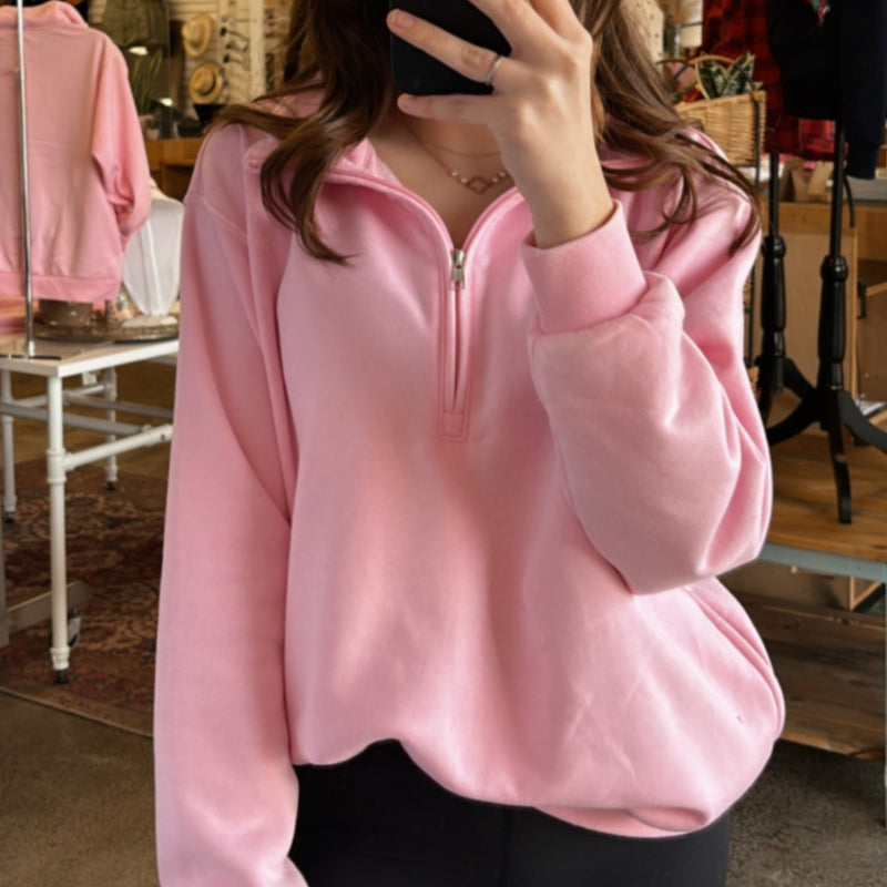 Burnout Half Zip Up Sweatshirt Pink