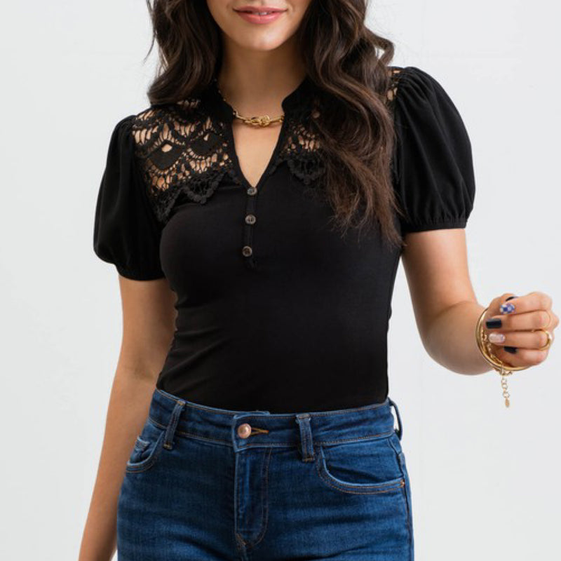 Forever The One Lace Trim Top Black
