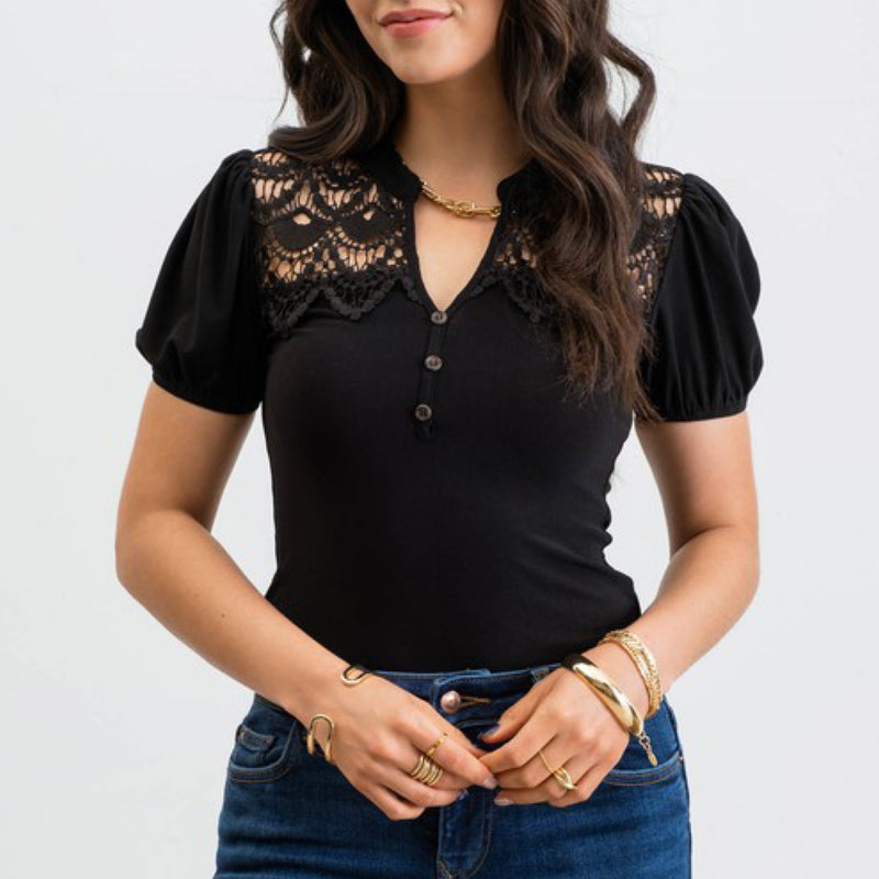 Forever The One Lace Trim Top Black