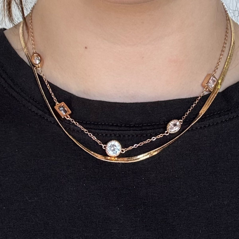 2 Layer Rhinestone Link Chain Necklace Gold