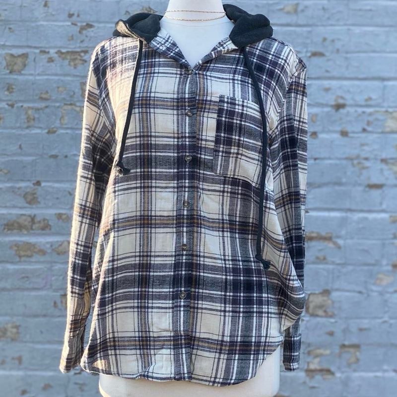 All Day Plaid Flannel Shacket With Hood Black