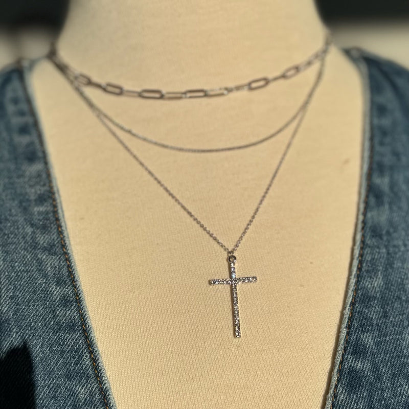 Cross Charm Layered Necklace Silver