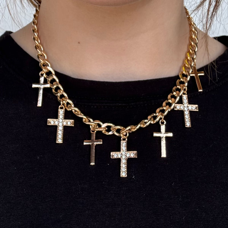 Rhinestone Cross Curb Chain Necklace