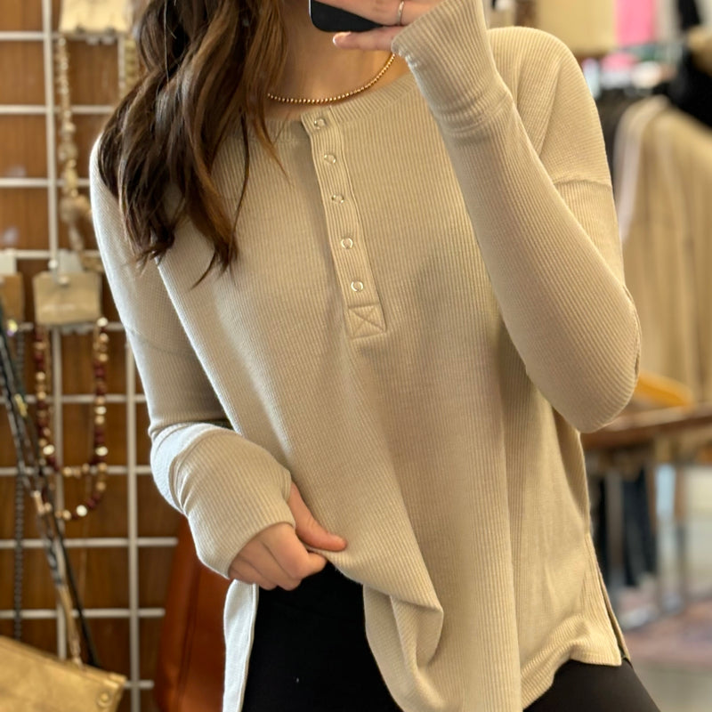 A Great Day Waffle Henley Top Beige