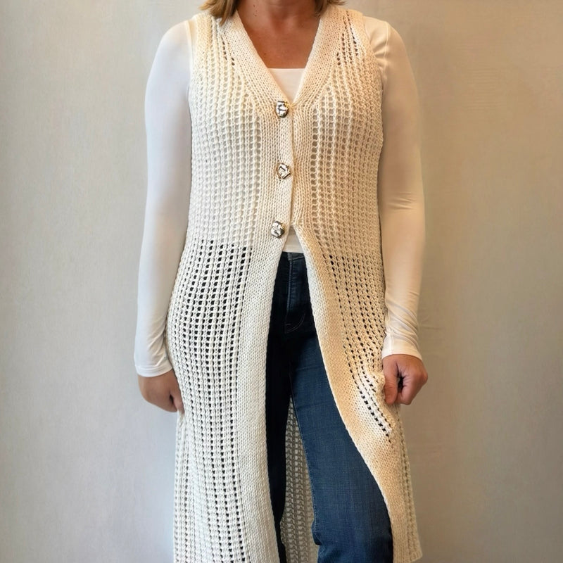 Crochet Sleeveless Cardigan With Gold Buttons