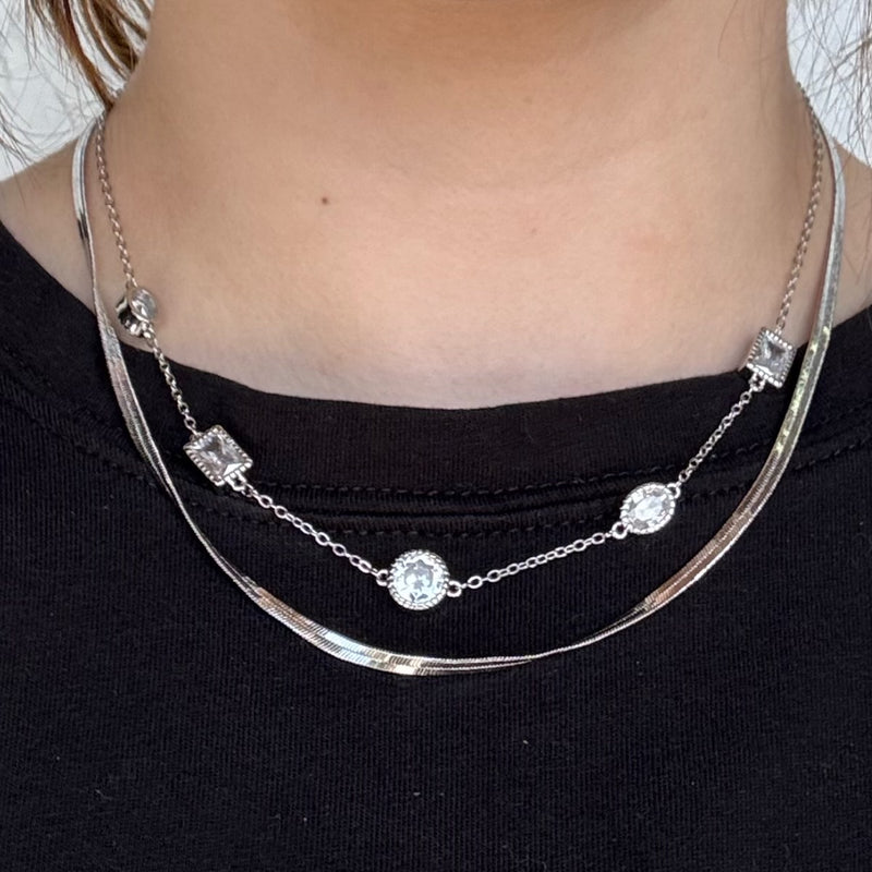 2 Layer Rhinestone Link Chain Necklace Silver