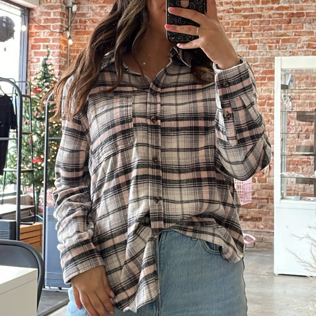 Made Me Realize Plaid Button-Down Flannel Black