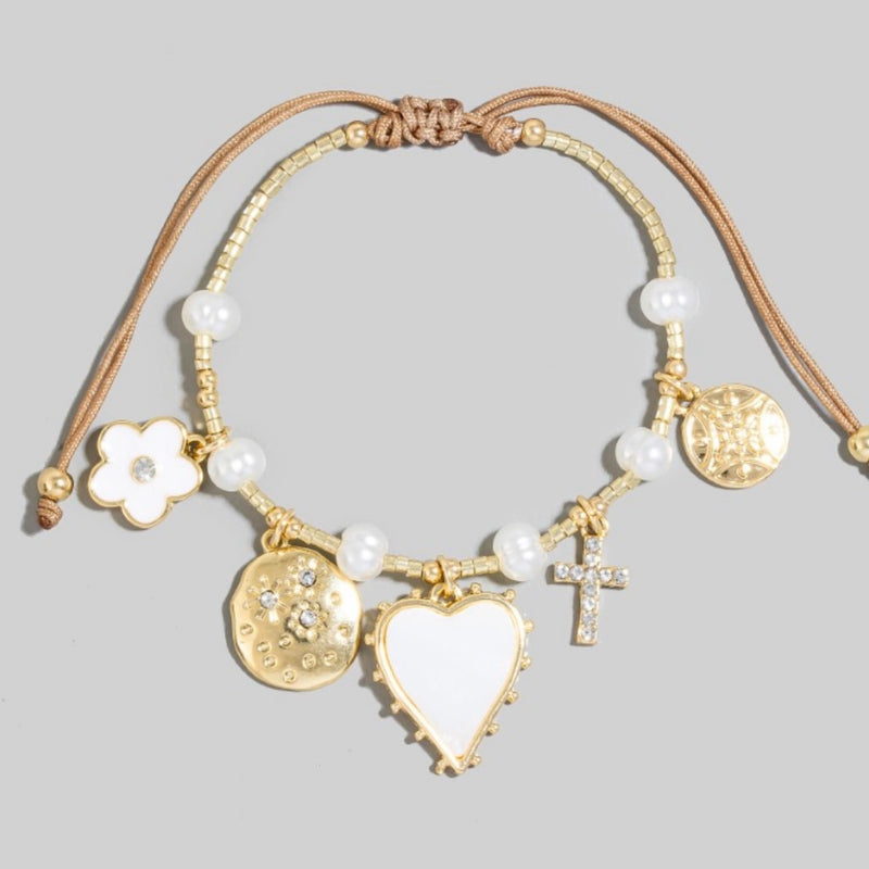 Heart Pearl And Cross Charms Adjustable Cord Bracelet