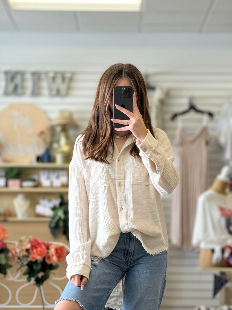 Vacay Mode On Linen Button Down Top Latte