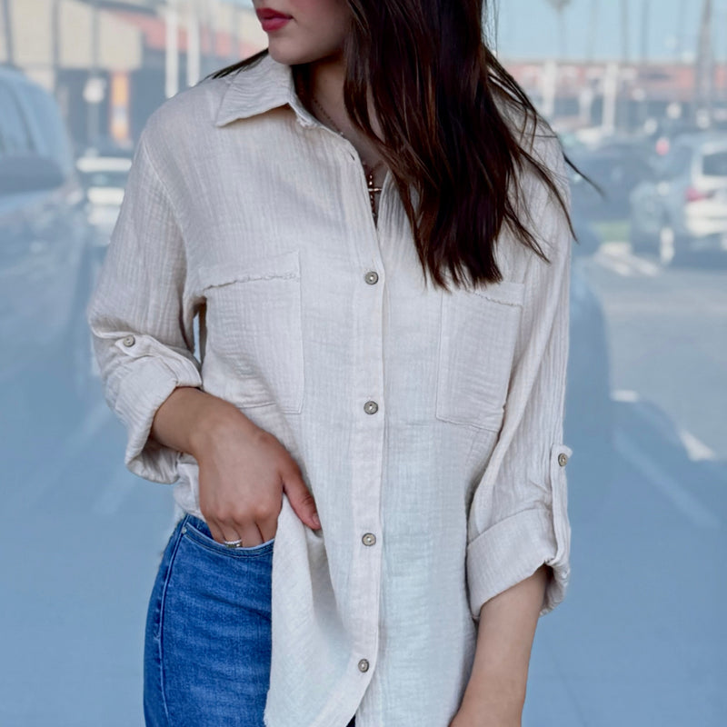 Linny Linen Button Down Top Khaki