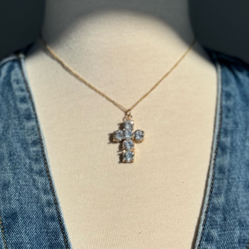 Cross Rhinestone Pendant Necklace & Studs Gold