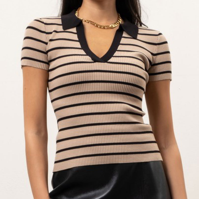 Easy Styling Striped Ribbed Top With Collar Khaki
