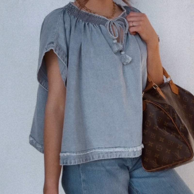 Show Me Love Smocked Neck Chambray Denim Top