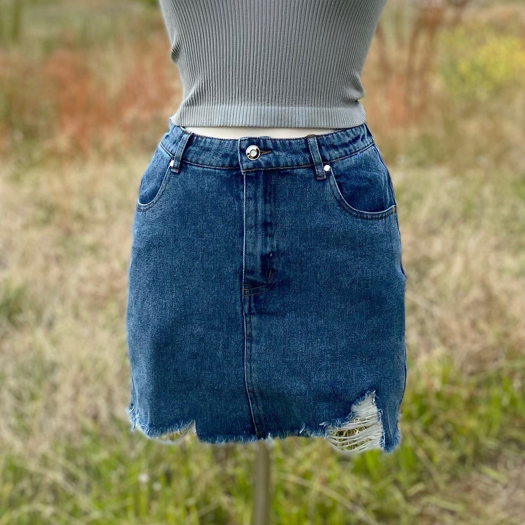 Summer Outings Distressed High Waisted Denim Skirt