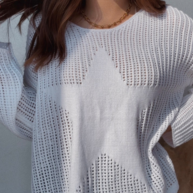 Feeling It Knit Star Sweater White