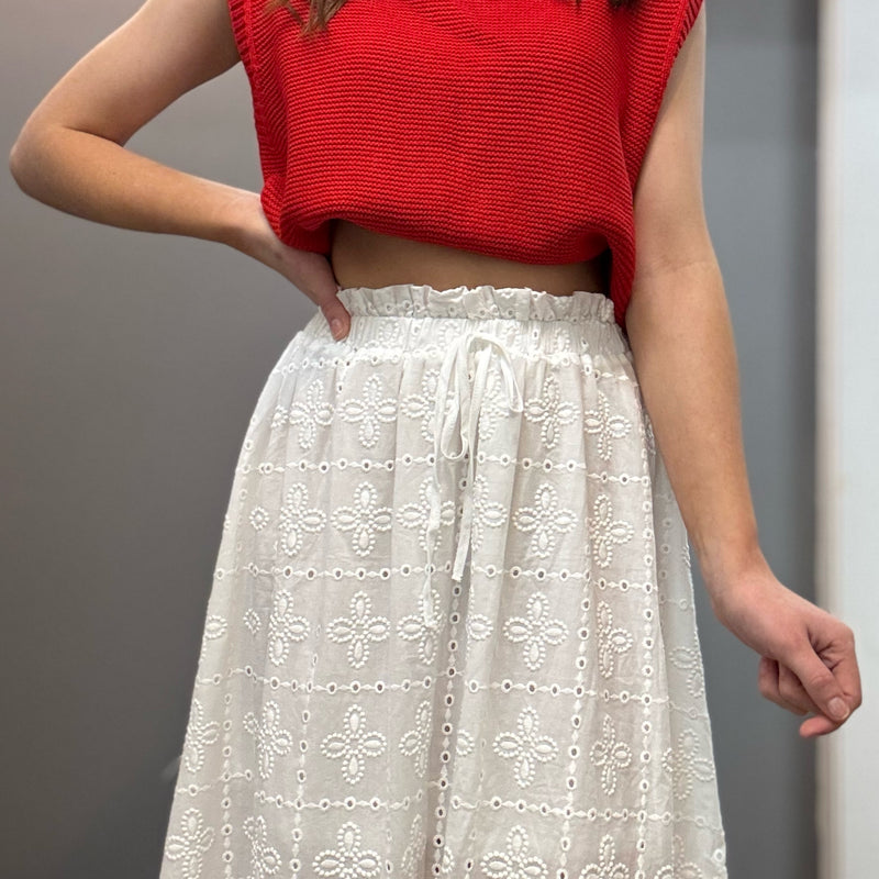 Eyelet Ruffle Detail Midi Skirt White