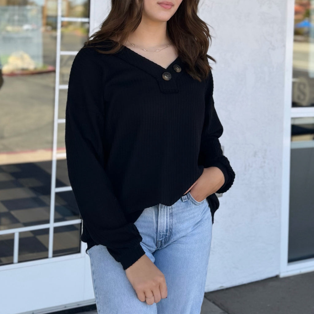 Simple Measures Waffle Knit Long Sleeve Top Black