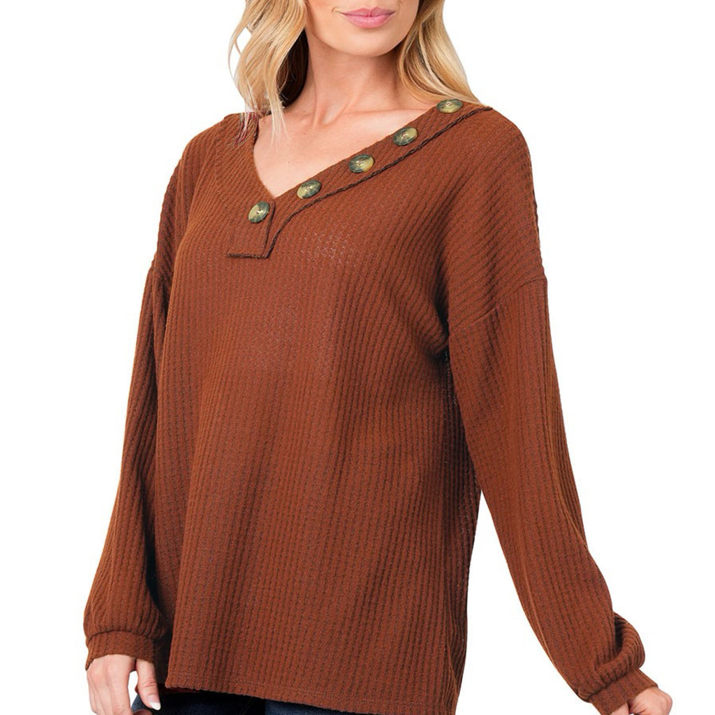 Simple Measures Waffle Knit Long Sleeve Top Rust