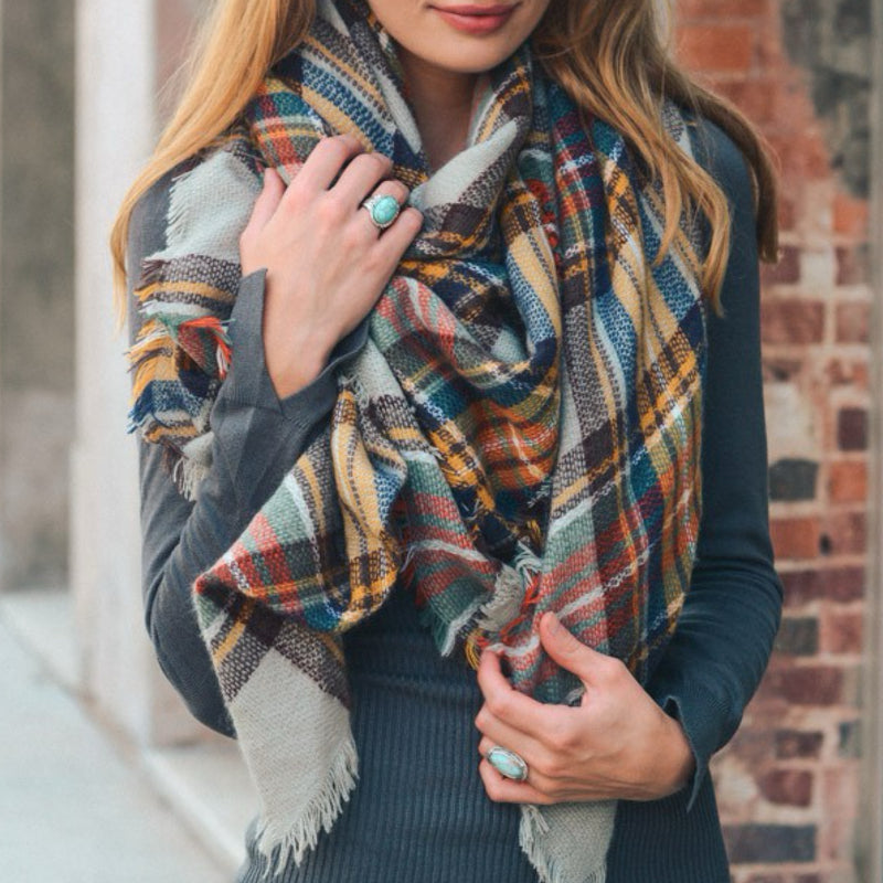 Classic Plaid Blanket Scarf Grey/Mustard