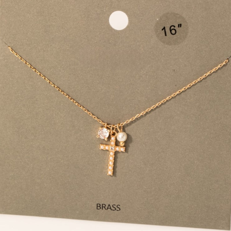 Cross Pearl  Stud Charms Chain Necklace