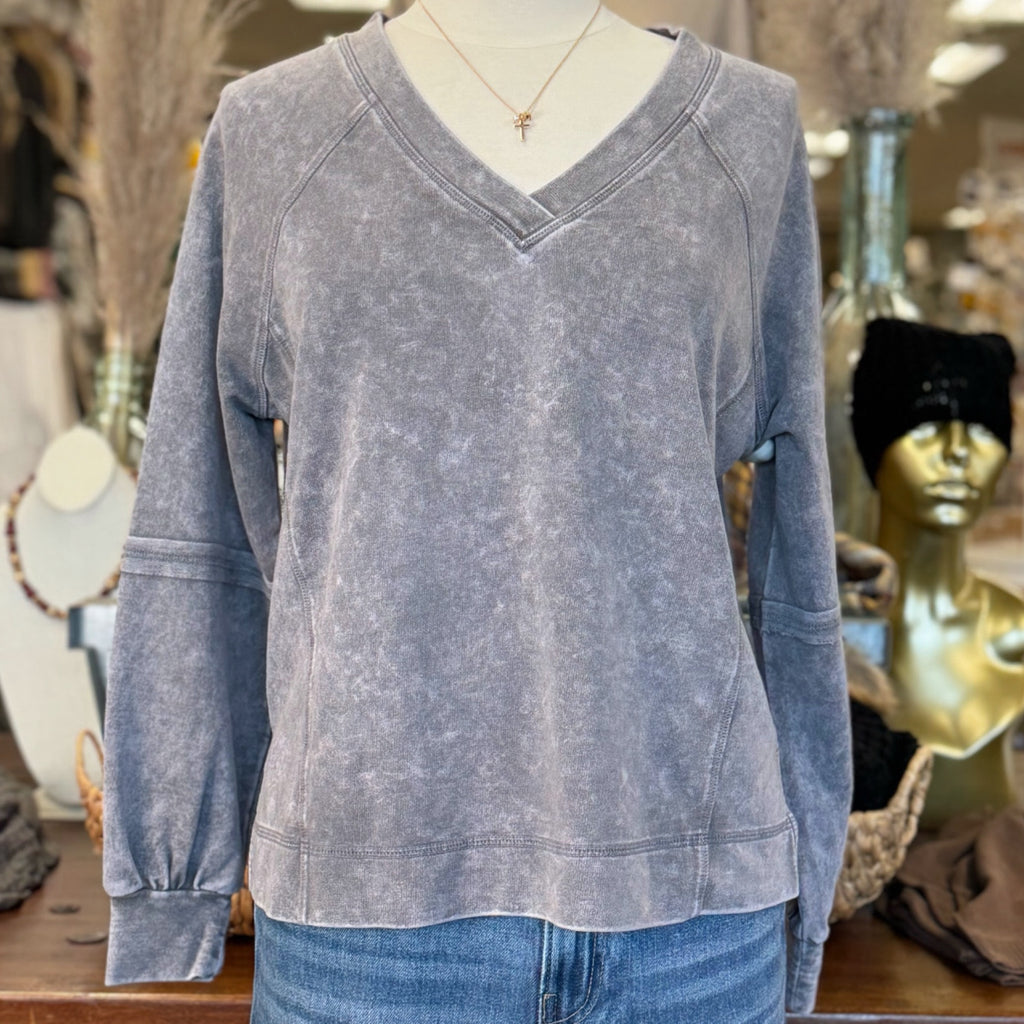 Luxe V Neck Washed Top Charcoal