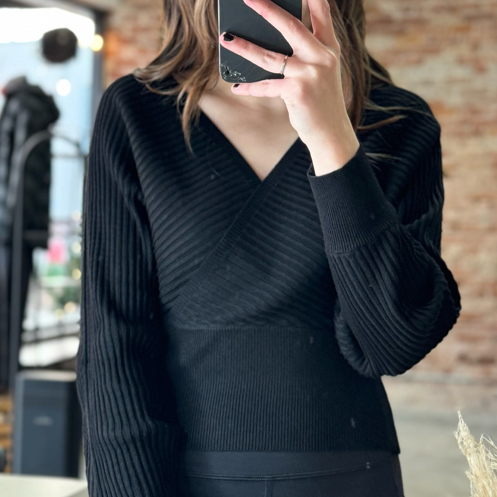 On My List Surplice Neckline Ribbed Sweater Black