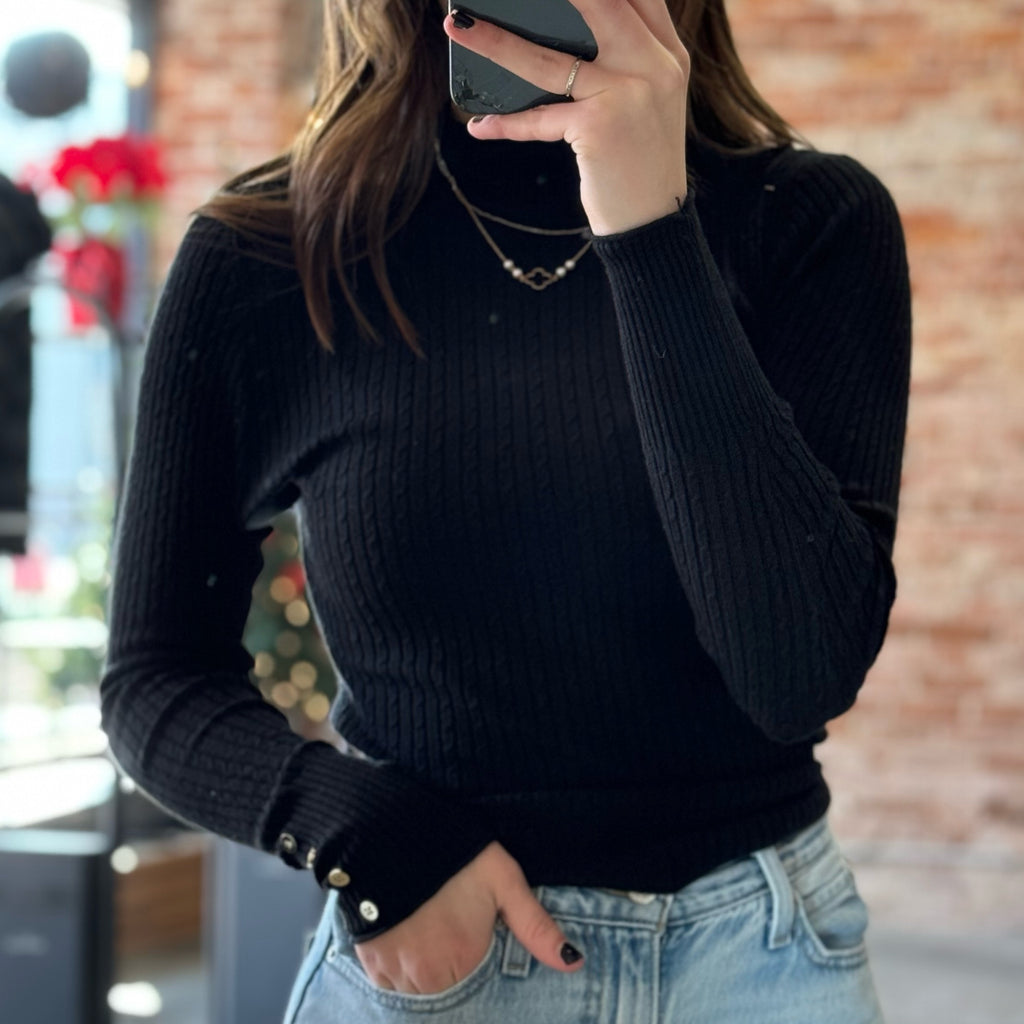 Mock Neck Ribbed Top Black