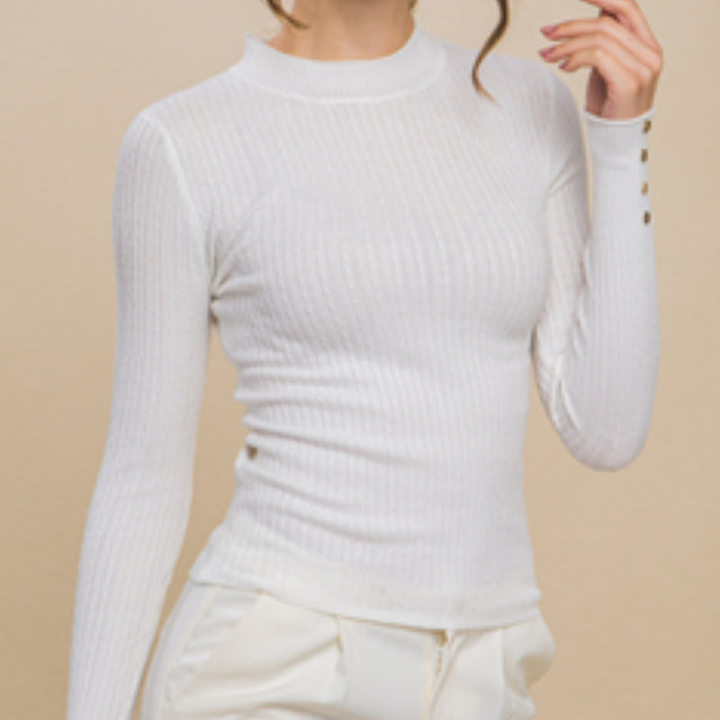 Mock Neck Ribbed Top White