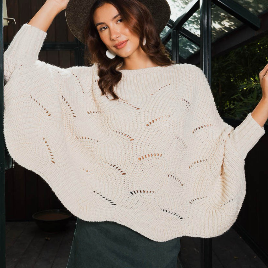 The Marie Ribbed Knit Poncho With Sleeves Ivory