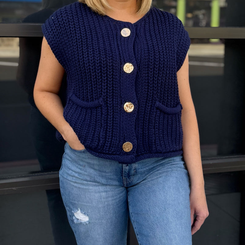 Kimmy Gold Button Knit Sweater With Pockets