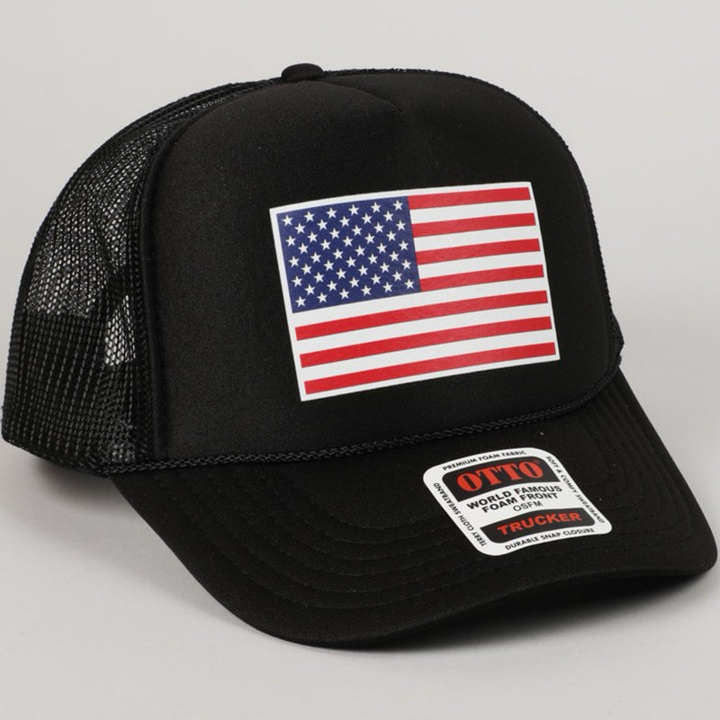 USA Flag Printed Foam Trucker Hat Black