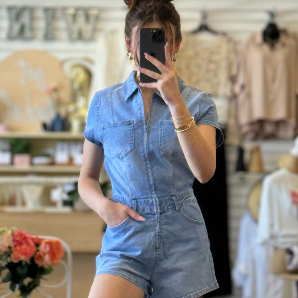 Perfectly Paried Denim Romper With Front Zip