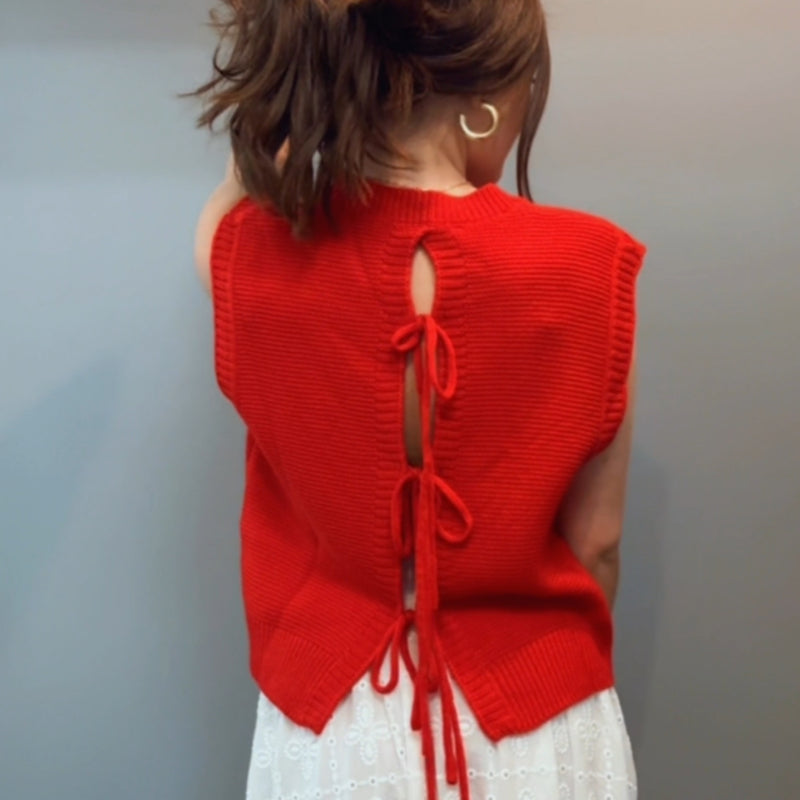 Going For It Knitted Top With Tie Back Red