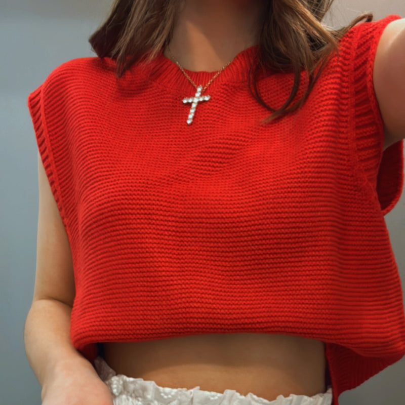 Going For It Knitted Top With Tie Back Red