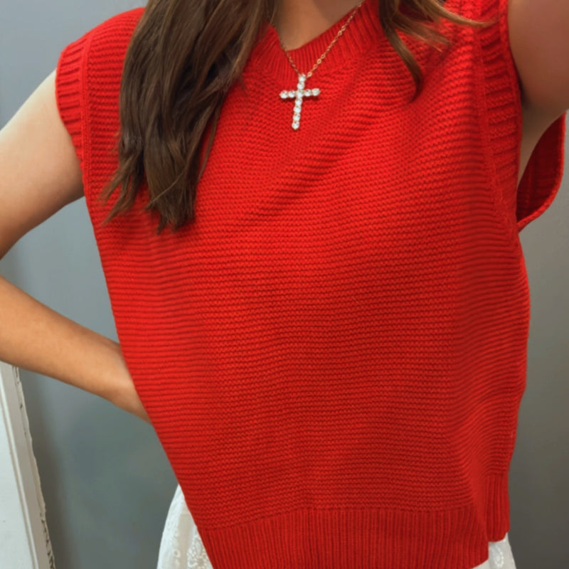 Going For It Knitted Top With Tie Back Red