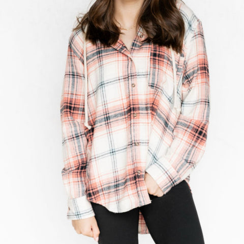 All Day Plaid Flannel Shacket With Hood Black