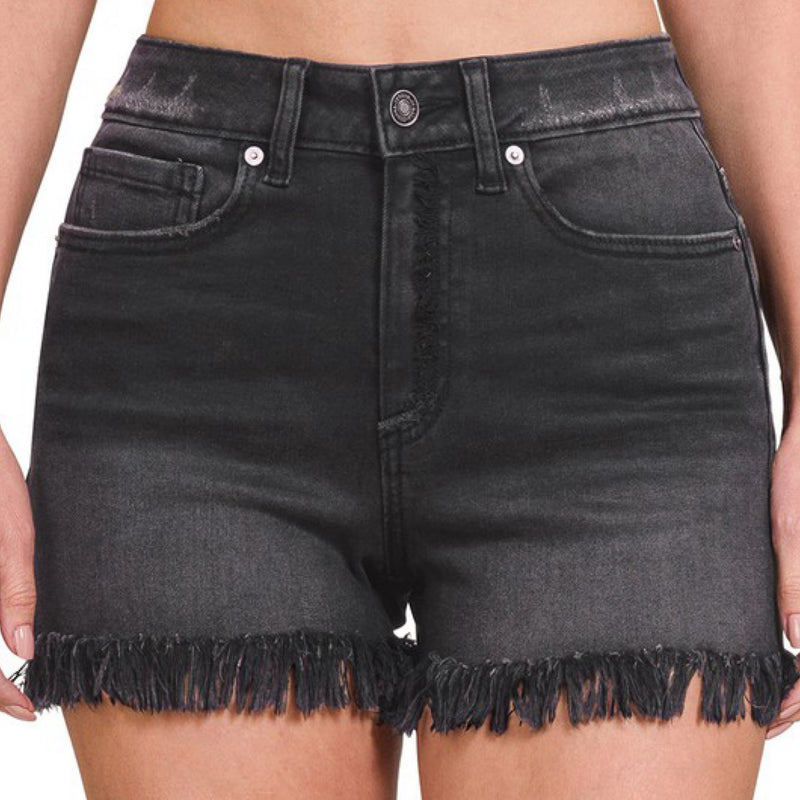 Mid Rise Frayed Hem Shorts Black