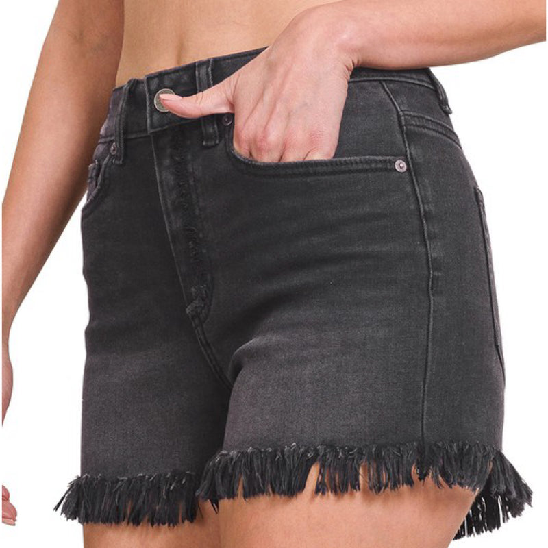 Mid Rise Frayed Hem Shorts Black