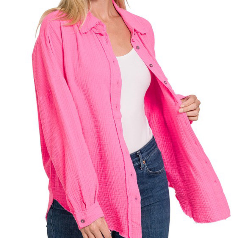 Arlet Linen Button Down Top Hot Pink