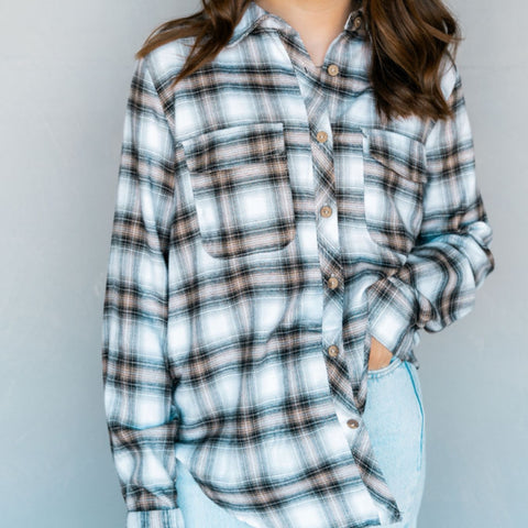 All Day Plaid Flannel Shacket With Hood Black