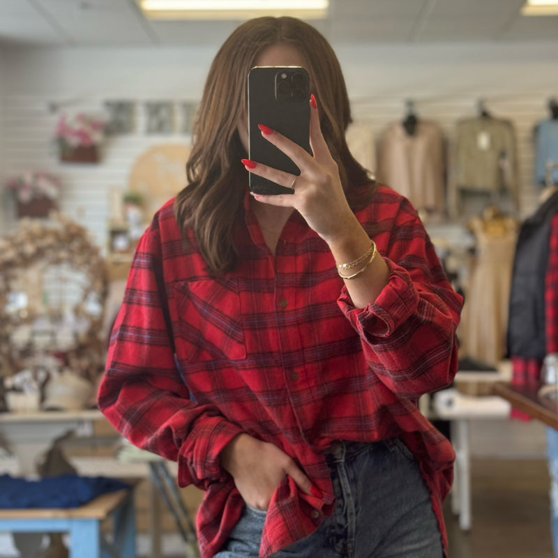 Fall Ready Raw Edge Button Down Flannel Plaid