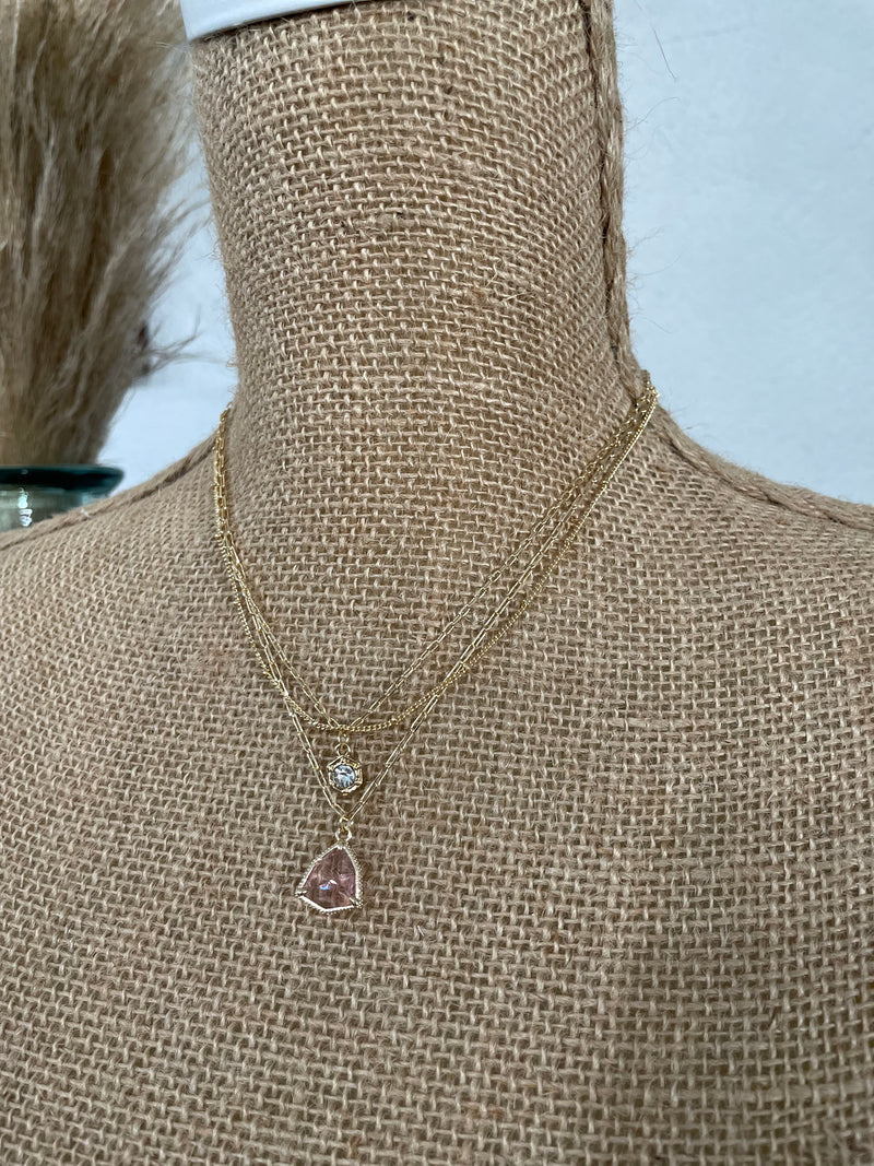 Gold Layered Necklace With Pink Pendant