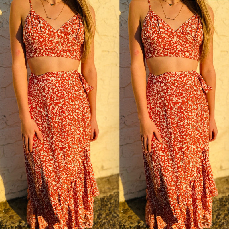 Santorini Floral Crop Top With Wrapped Skirt